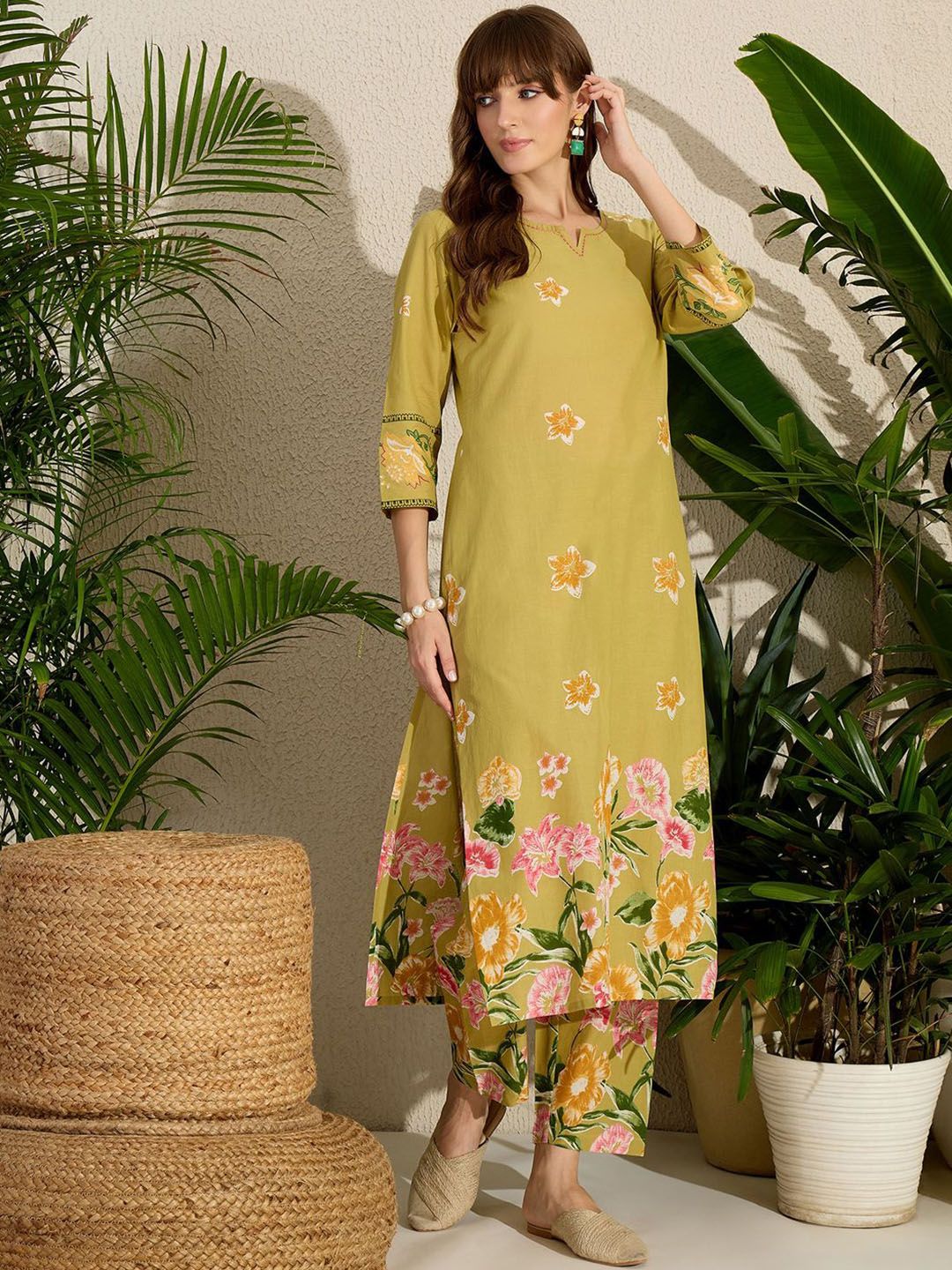 Indyancart IE Printed Notch Neck Straight Pure Cotton Kurta With Pants