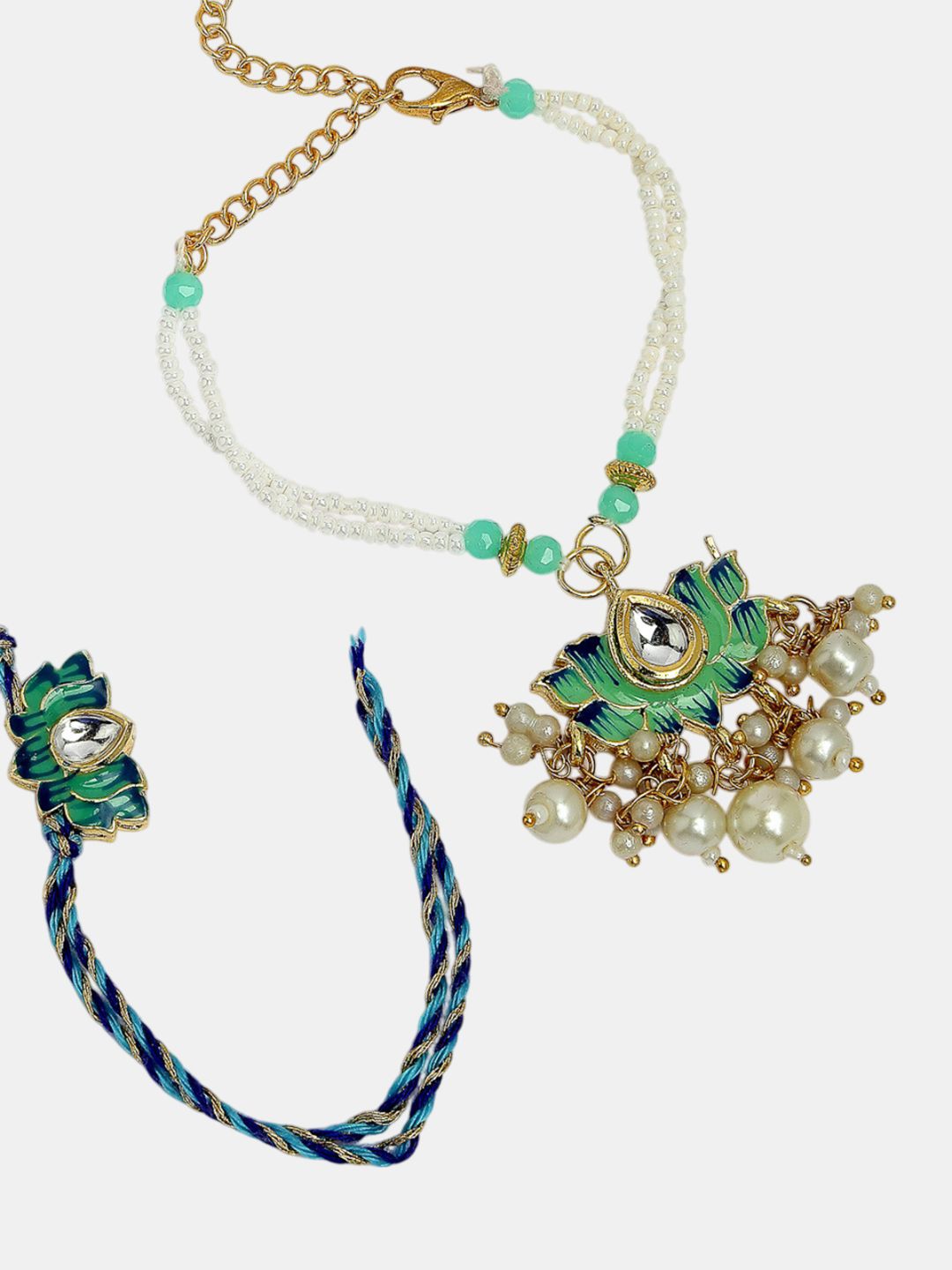 Anouk Set Of 2 Kundan-Studded & Beaded Lotus Shape Bhaiya Bhabhi Rakhis With Roli Chawal