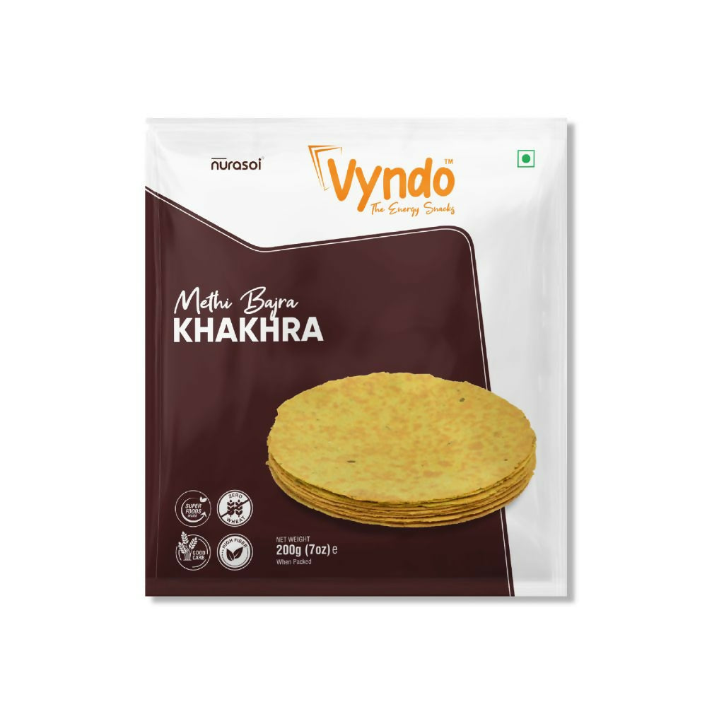 Vyndo Methi Bajra Khakhra, North Indian snack with crispy, seasoned bajra and methi, displayed on a serving plate.