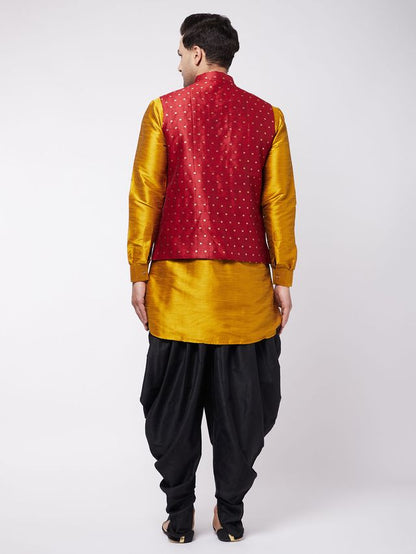 Men's Mustard Silk Blend Straight Jacket  Kurta and Dhoti Set