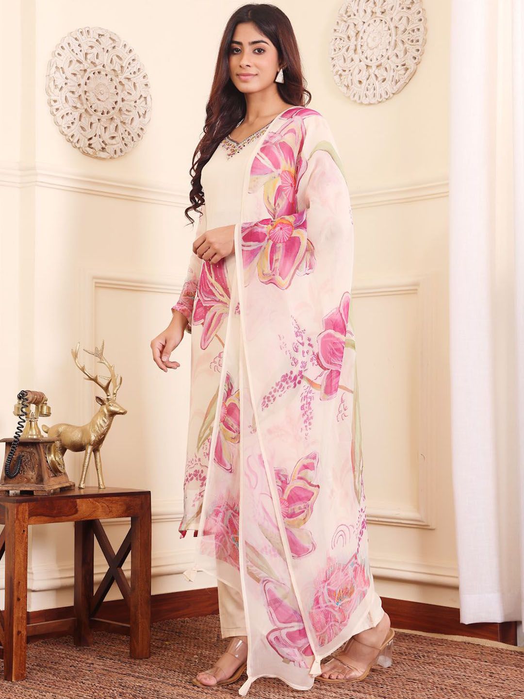 Indyancart VA Floral Embroidered Pure Silk Straight Kurta with Palazzos & With Dupatta