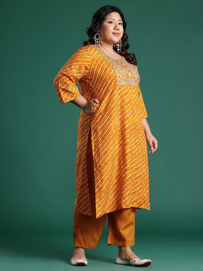 Indyancart Women's Plus Size Leheriya Print Kurta with Palazzos & Dupatta