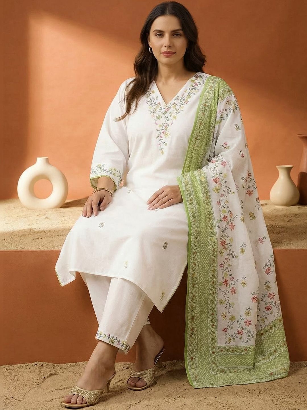 Indyancart Women's Floral Embroidered Regular Thread Work Pure Cotton Kurta with Trousers & With Dupatta