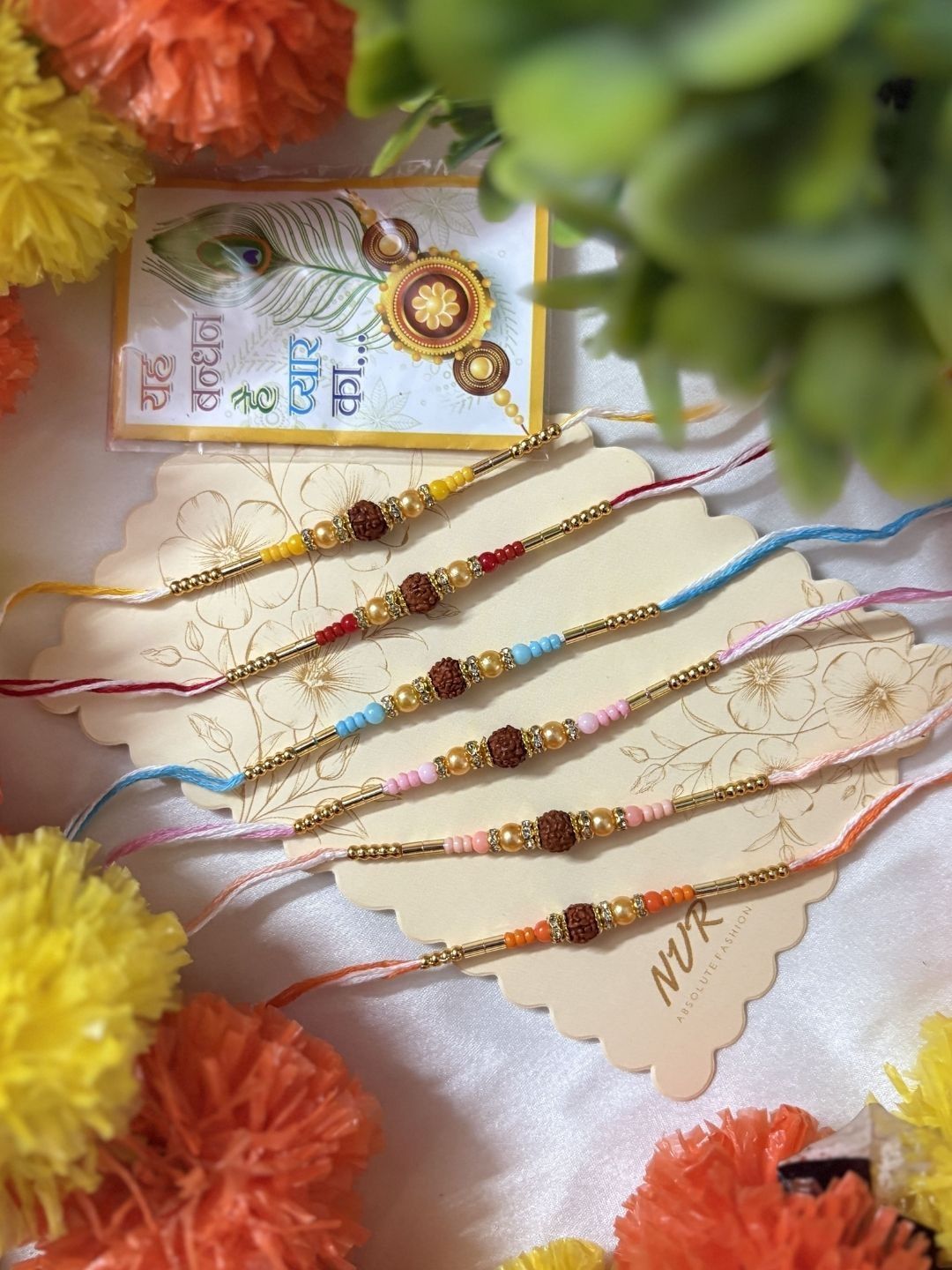Anouk Set Of 6 Rudraksh & Artificial Beads Thread Rakhi With Roli Chawal Chandan Mishri