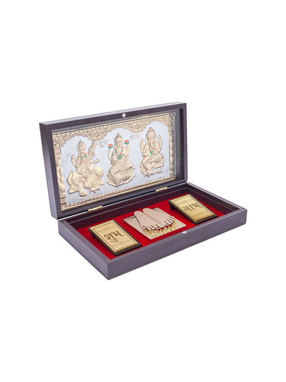 Golden Peacock 24 KT Gold Plated Laxmi, Ganesha, Saraswati Pooja Box - Indyancart