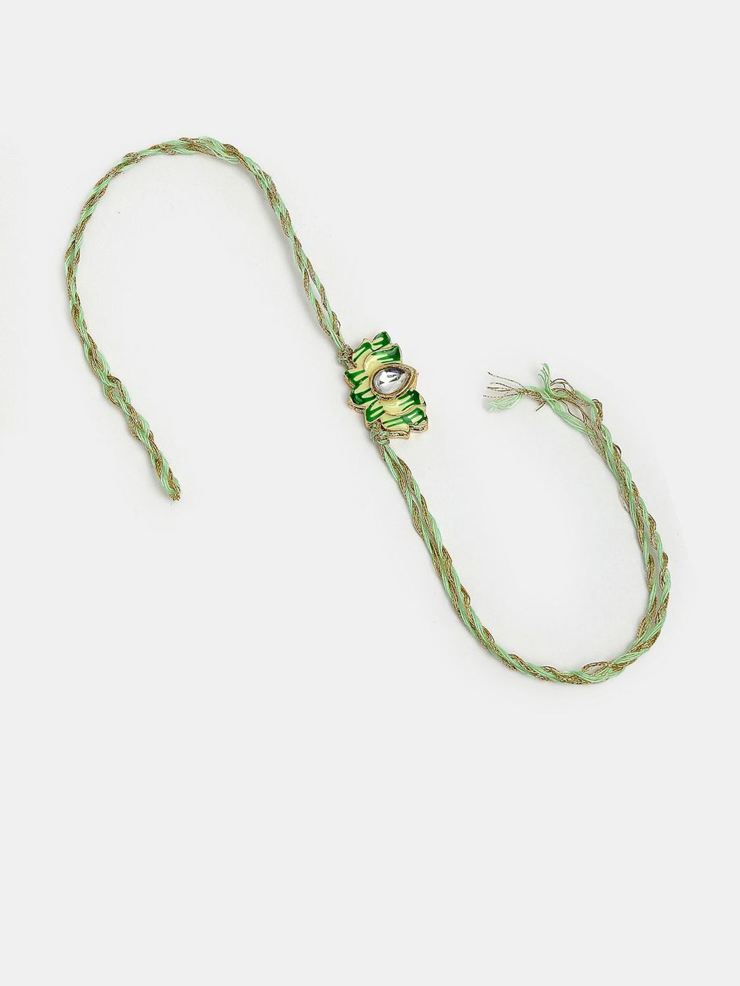 Anouk Unisex Set Of 2 Green Lotus Shape Kundan-Studded & Beaded Wraparound Rakhi Set