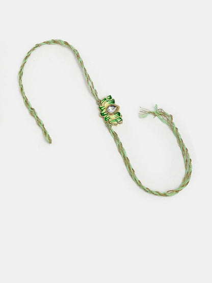 Anouk Unisex Set Of 2 Green Lotus Shape Kundan-Studded & Beaded Wraparound Rakhi Set
