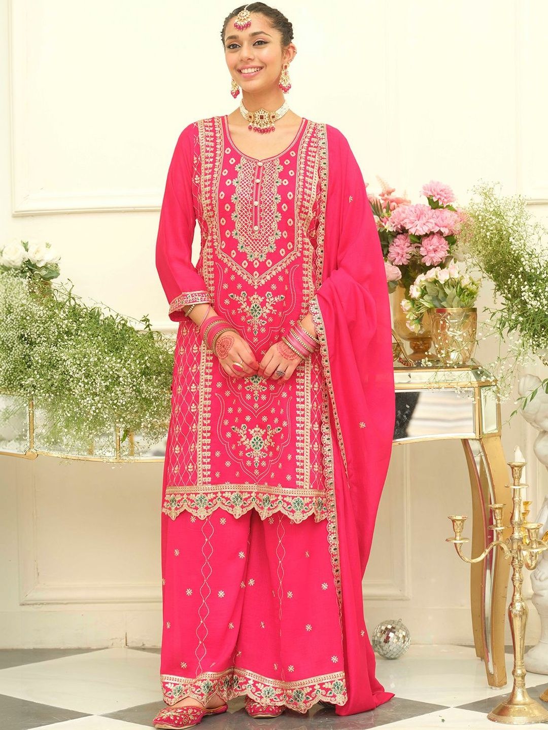 Indyancart IE Women Ethnic Motifs Embroidered Regular Thread Work Kurta with Palazzos & With Dupatta
