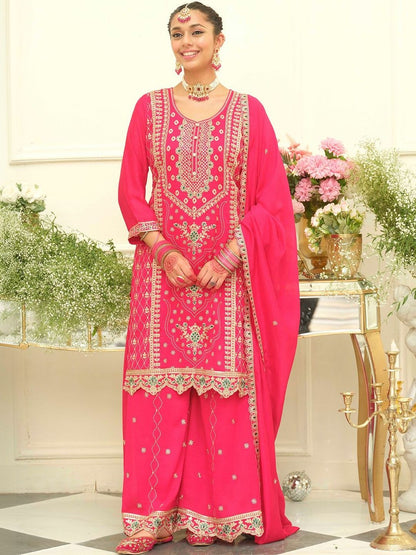 Indyancart IE Women Ethnic Motifs Embroidered Regular Thread Work Kurta with Palazzos & With Dupatta