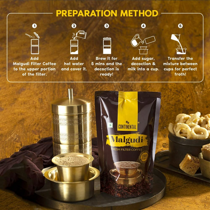 Container of Continental Malgudi Filter Coffee Powder with a label, showcasing the authentic Indian coffee powder brand.