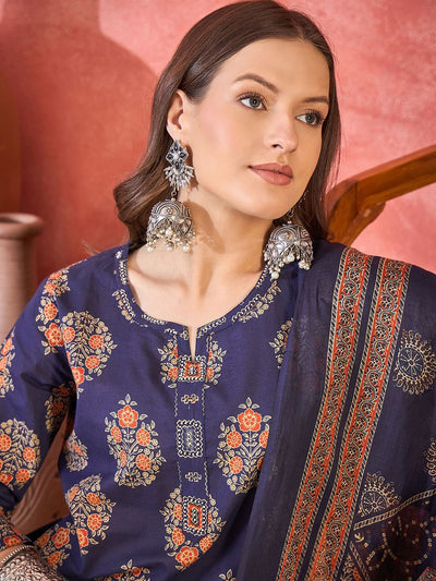Indyancart SN Women's Ethnic Motifs Printed Pure Cotton Straight Kurta With Trousers & Dupatta