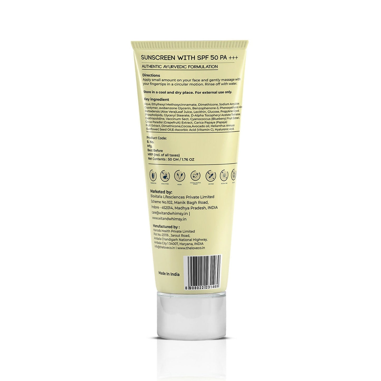 Wit and Whimsy SPF 50 PA+++ sunscreen bottle with cocoa and avocado oil, offering sun protection and skin nourishment.