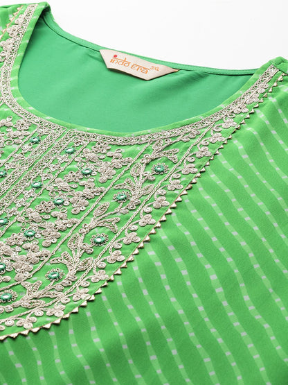 Indyancart Women's Leheriya Printed Mirror Work Kurta with Palazzos & Dupatta