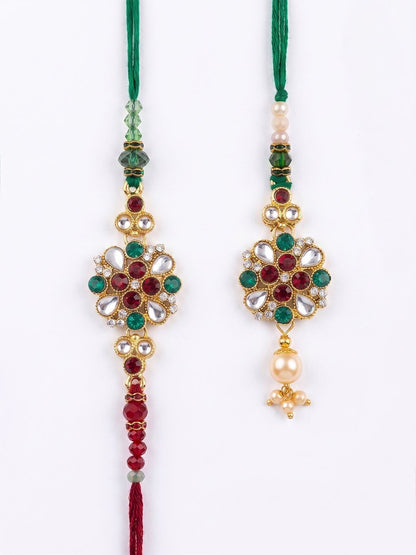 Anouk Set Of 2 Floral Design Kundan Studded Bhaiya Bhabhi Rakhi With Roli Chawal Chandan