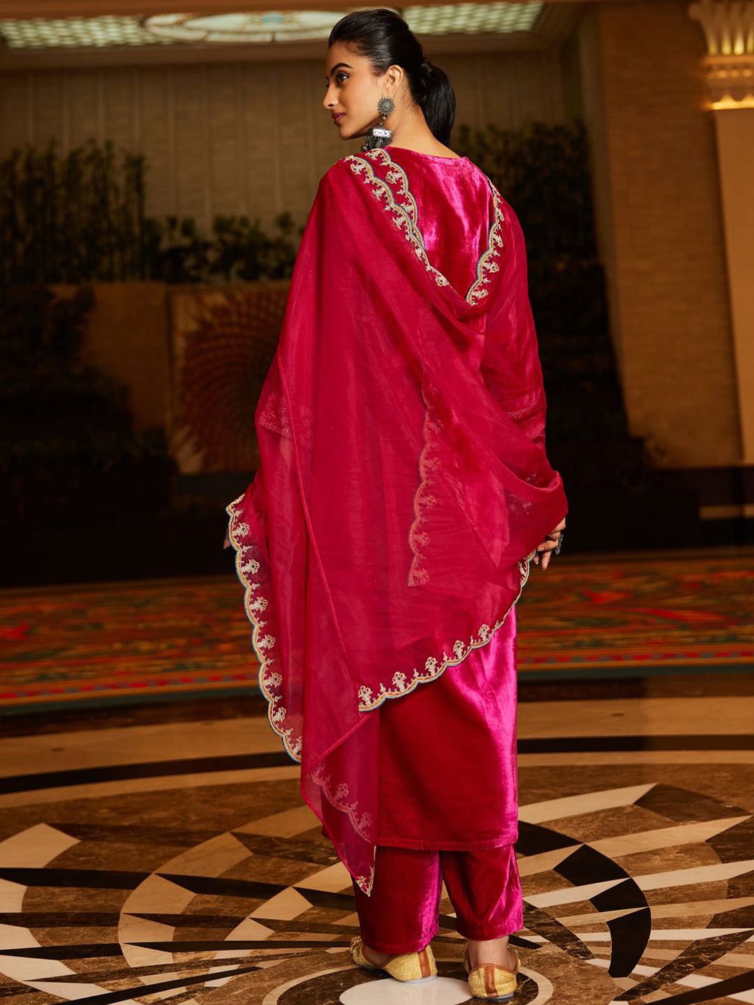 Floral Yoke Design Sequinned Velvet Straight Kurta With Trousers & Dupatta