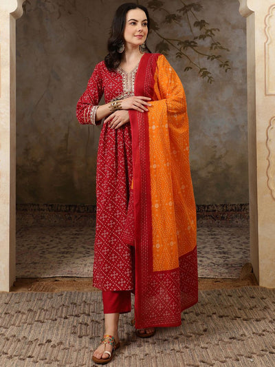 Indyancart SN Women's Bandhani Printed V Neck Pure Cotton A Line Kurta & Trousers With Dupatta
