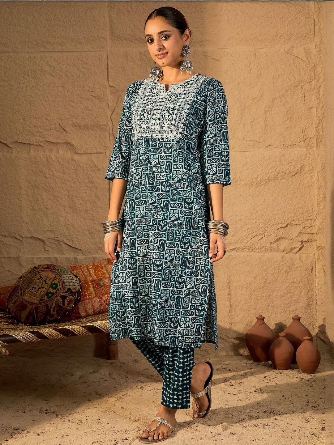 Indyancart IE Embroidered Pure Cotton Tunic With Trouser