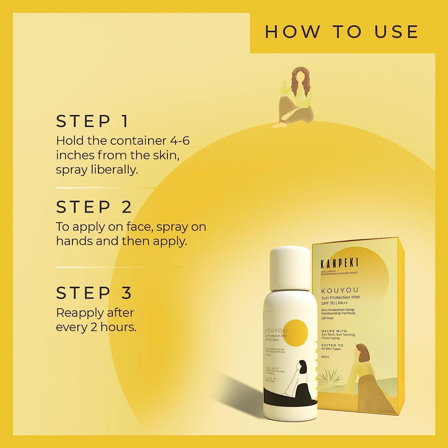 Kanpeki Kouyou Sun Protection Mist SPF 70 sunscreen spray in a white and blue bottle, ready to protect skin from sun damage.