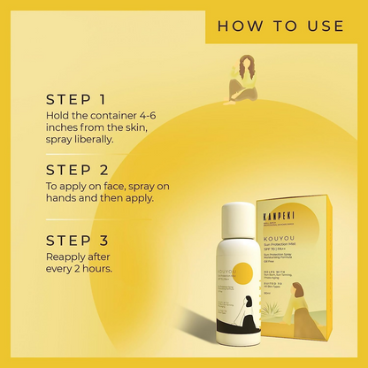 Kanpeki Kouyou Sun Protection Mist SPF 70 sunscreen spray in a white and blue bottle, ready to protect skin from sun damage.