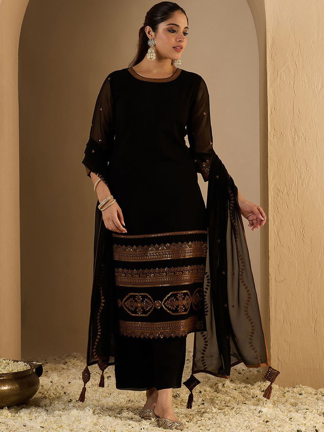 Indyancart IE Women's Women Ethnic Motifs Printed Kurta with Palazzos & Dupatta