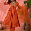 Women's Orange Floral Embroidered V-Neck A-Line Kurta With Trousers And Dupatta