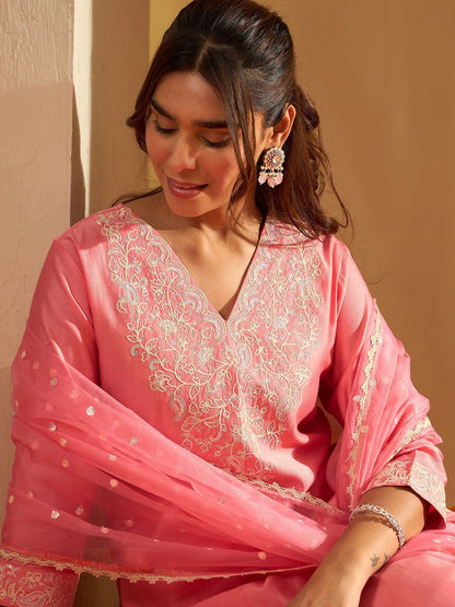 Floral Yoke Design Straight Sequinned Liva Kurta with Trousers & Dupatta