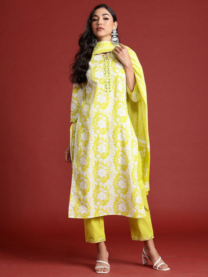Floral Printed Mirror Work Pure Cotton Kurta With Trouser And Dupatta