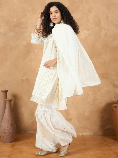 Indyancart VA Women Ethnic Motifs Embroidered Regular Kurta & Sharara With Dupatta
