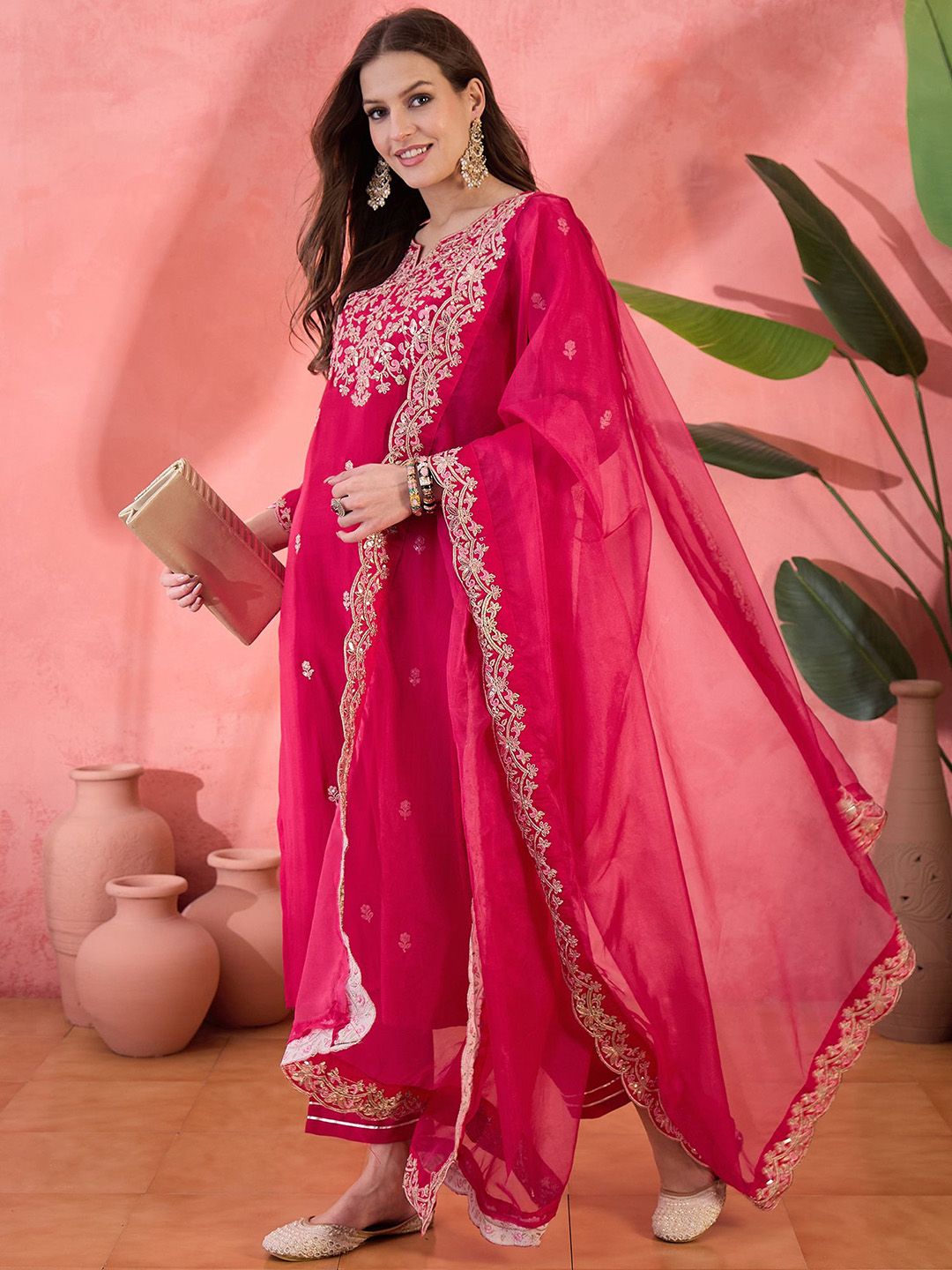 Indyancart SN Women's Floral Embroidered Notch Neck Zari Straight Kurta With Trouser & Dupatta