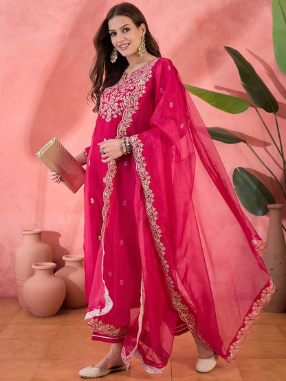 Indyancart SN Women's Floral Embroidered Notch Neck Zari Straight Kurta With Trouser & Dupatta