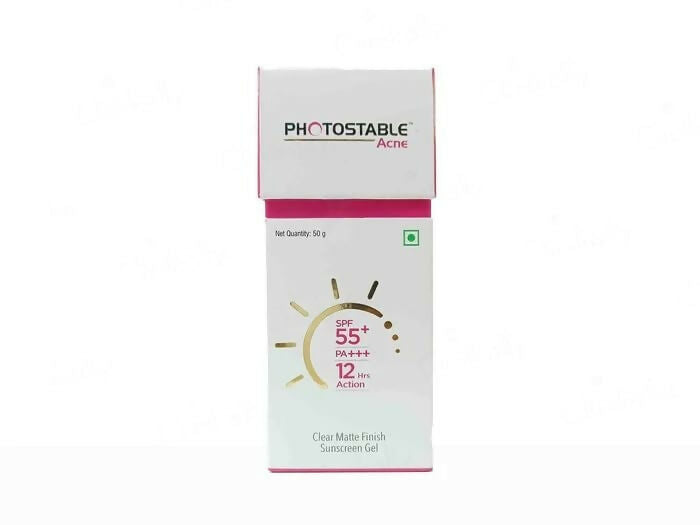 Photostable Acne SPF 55+ PA+++ Clear Matte Sunscreen Gel by Sun Pharma with lightweight, non-greasy texture for acne-prone skin.