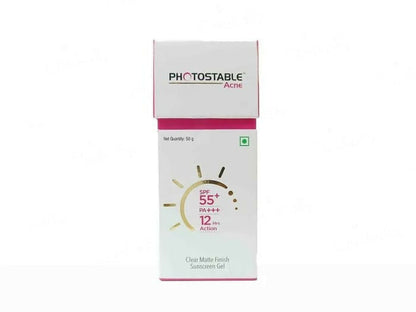 Photostable Acne SPF 55+ PA+++ Clear Matte Sunscreen Gel by Sun Pharma with lightweight, non-greasy texture for acne-prone skin.