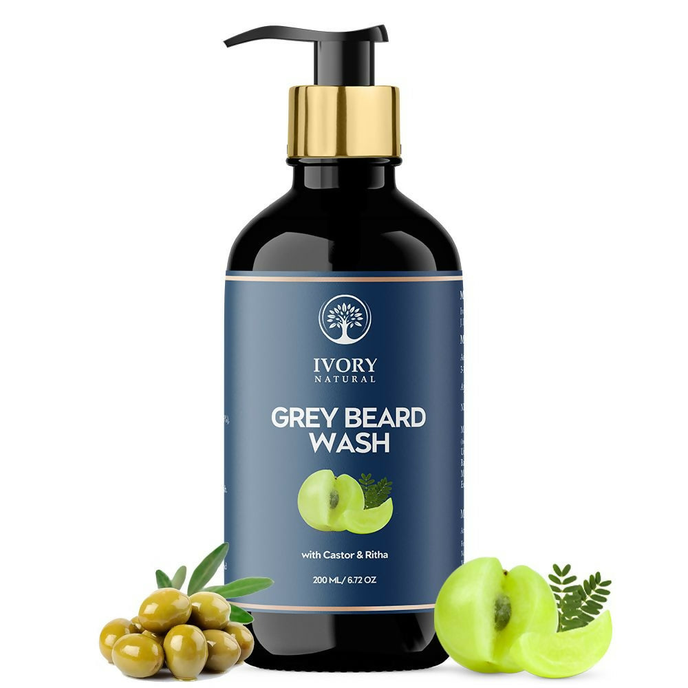 Ivory Natural beard wash in a bottle, designed to restore natural black shade and reduce graying for men with facial hair.
