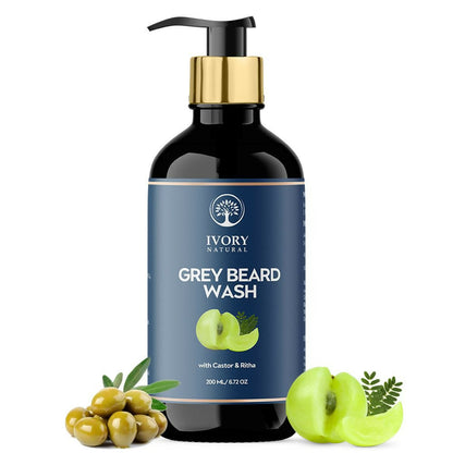 Ivory Natural beard wash in a bottle, designed to restore natural black shade and reduce graying for men with facial hair.