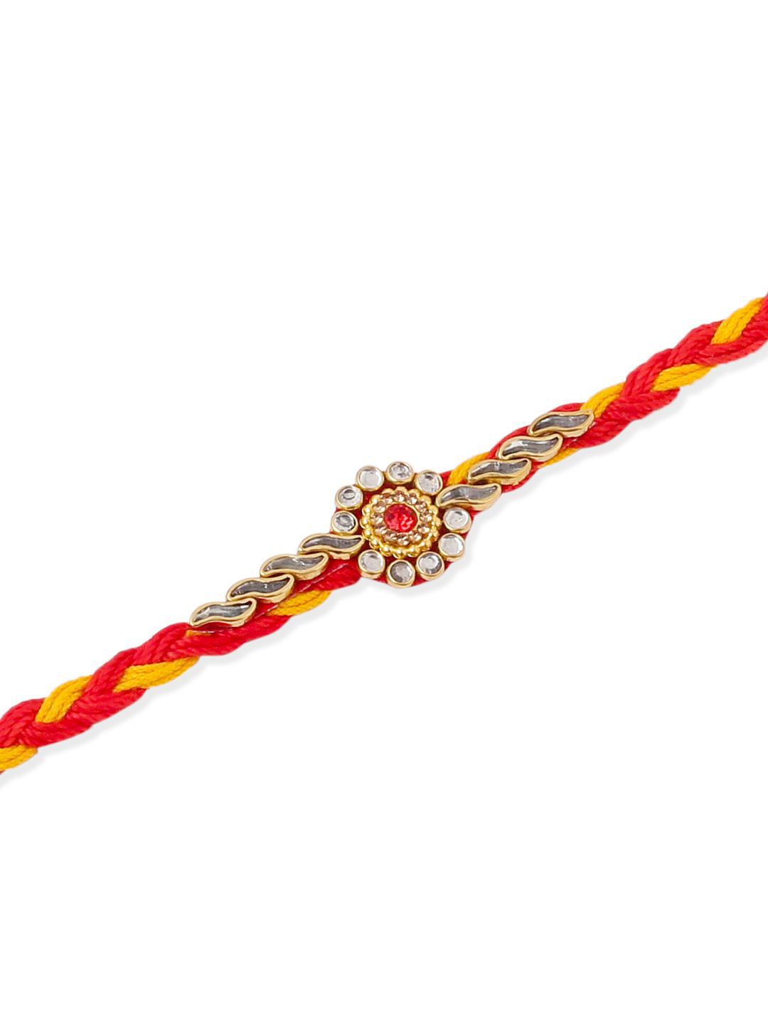Anouk Men Set Of 6 Red & Yellow Kundan Studded Floral Design Thread Rakhi With Roli Chawal