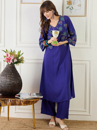 Indyancart IE Embroidered Pure Cotton A-Line Tunic With Trousers Co-Ords