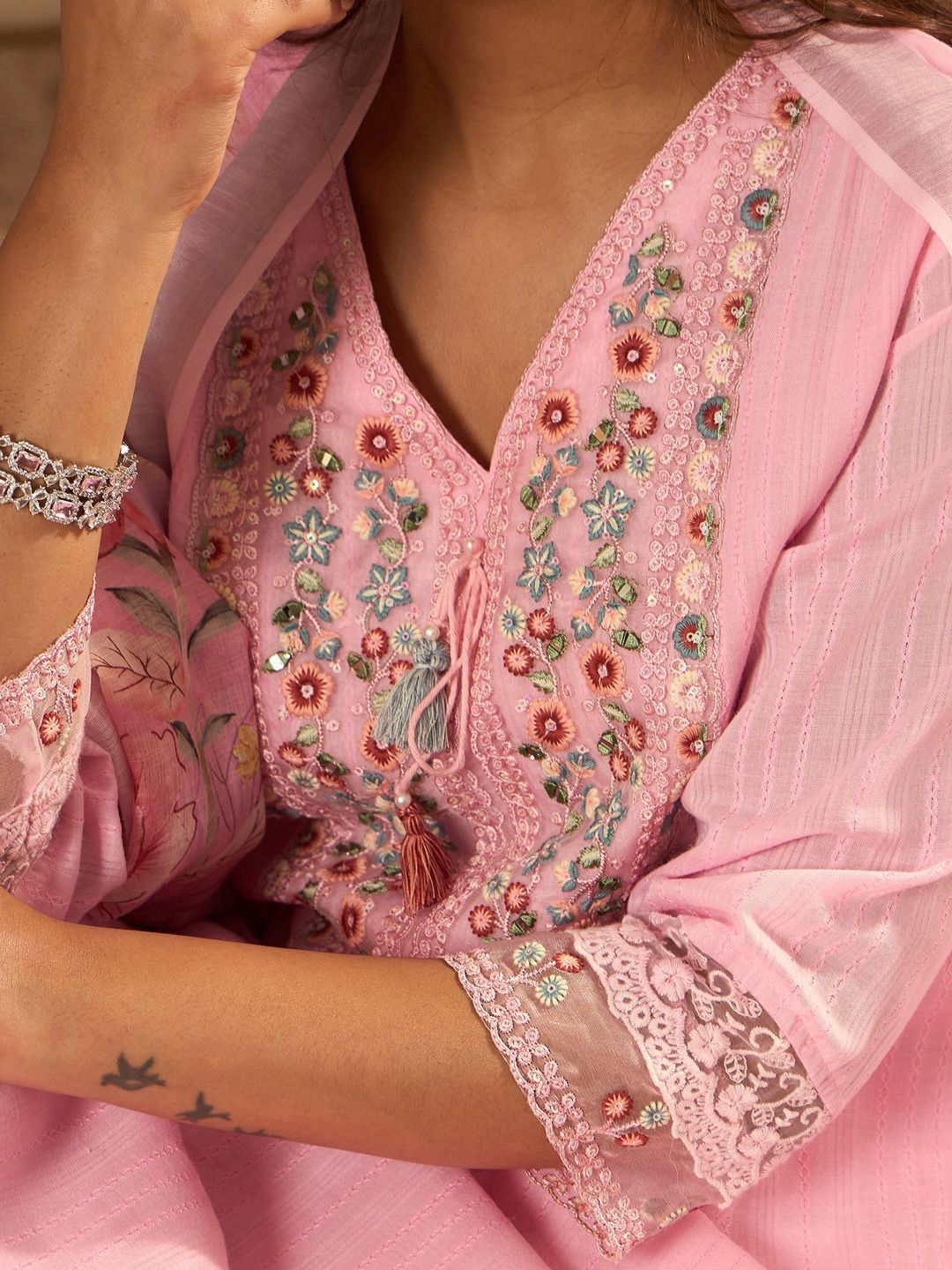 Dhiyona IE Floral Yoke Design Straight Thread Work Pure Cotton Kurta with Trousers & Dupatta