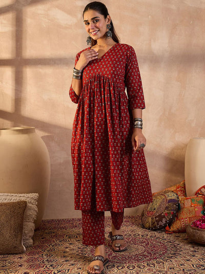 Indyancart IE Floral Printed V-Neck Pure Cotton Tunic With Trousers