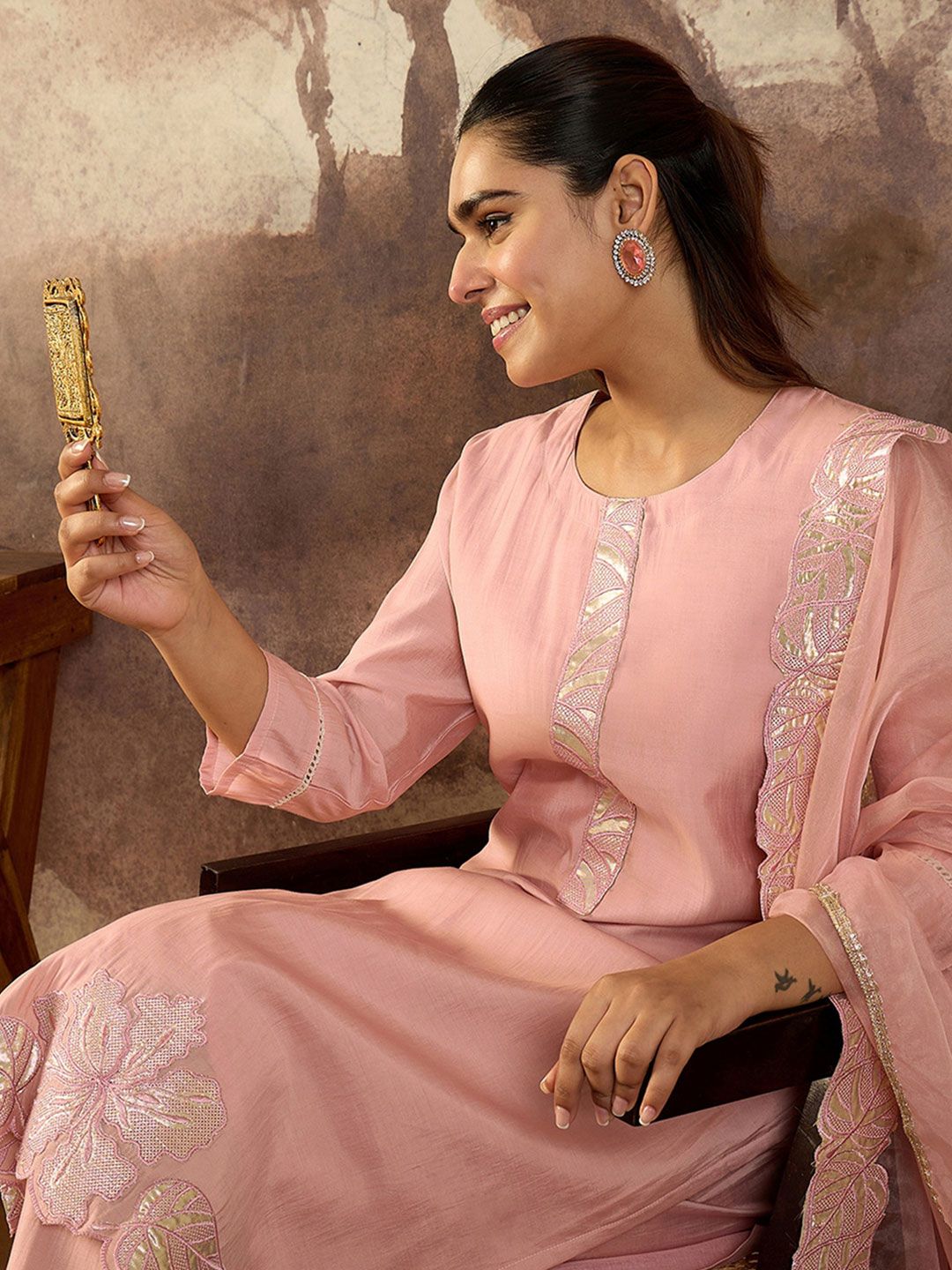 Women Solid Embroidered Kurta with Trousers & Dupatta