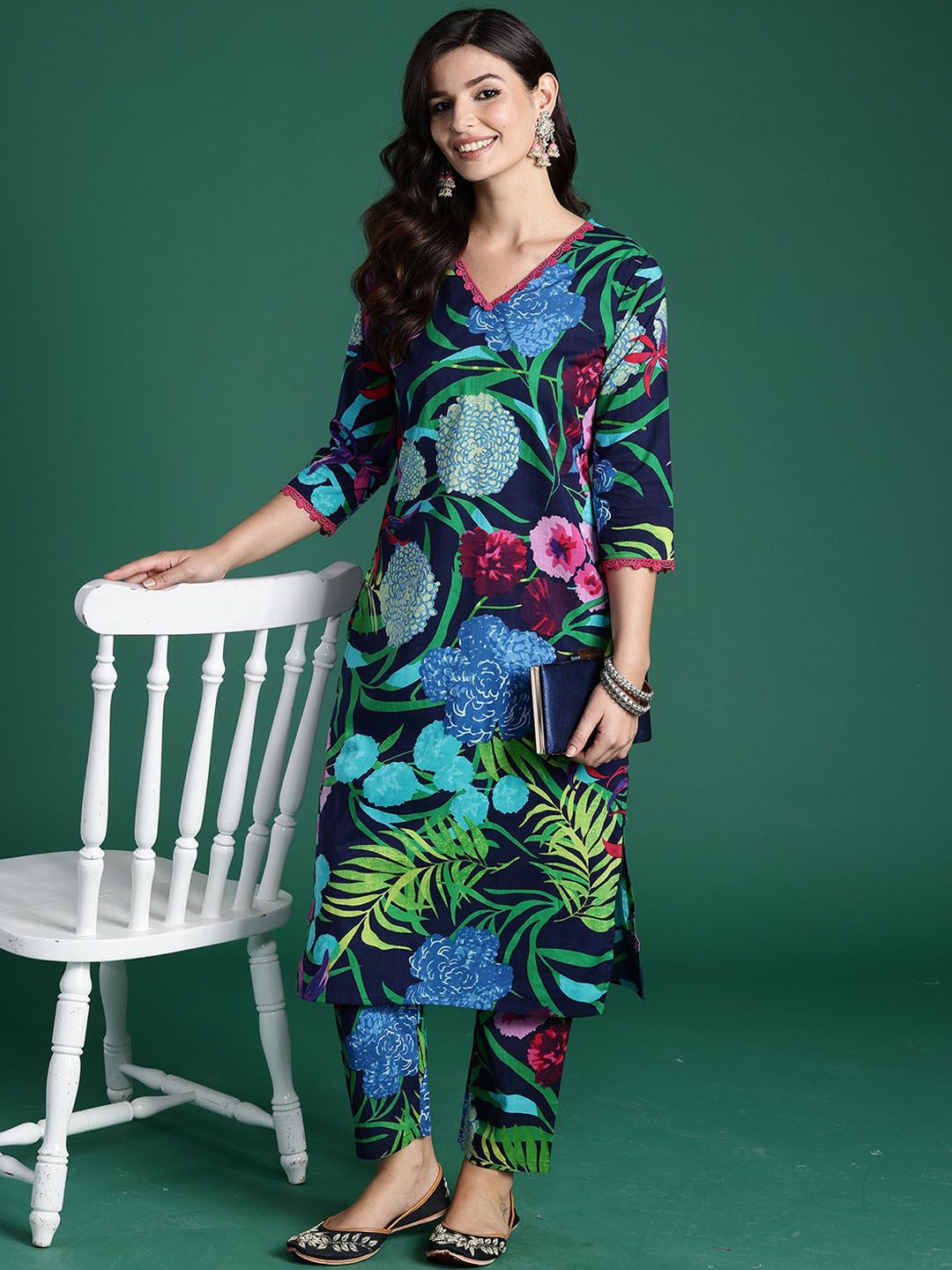 Indyancart IE Tropical Printed V-Neck Pure Cotton Tunic With Trouser