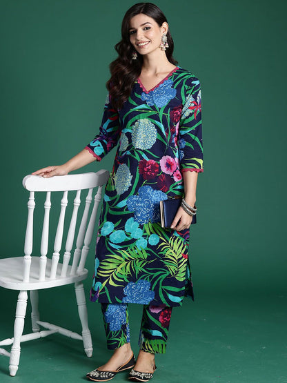 Indyancart IE Tropical Printed V-Neck Pure Cotton Tunic With Trouser