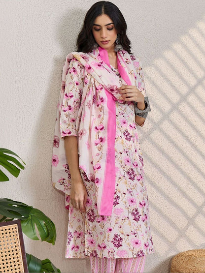 Women Floral Printed Regular Thread Work Pure Cotton Kurta with Trousers & With Dupatta