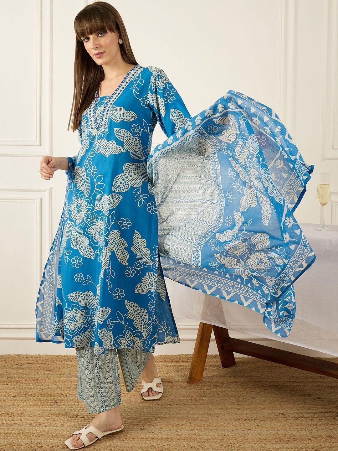 Women Floral Printed Regular Pure Cotton Kurta with Palazzos & With Dupatta