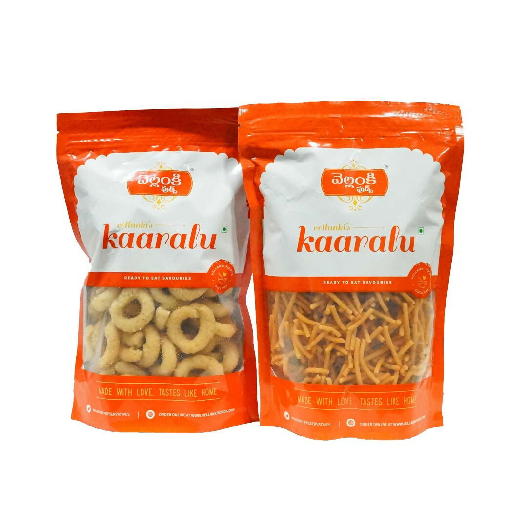 Vellanki Foods North Indian snacks combo with Vampoosa and Chegodi, 250 gm each, crispy traditional Indian snack variety.