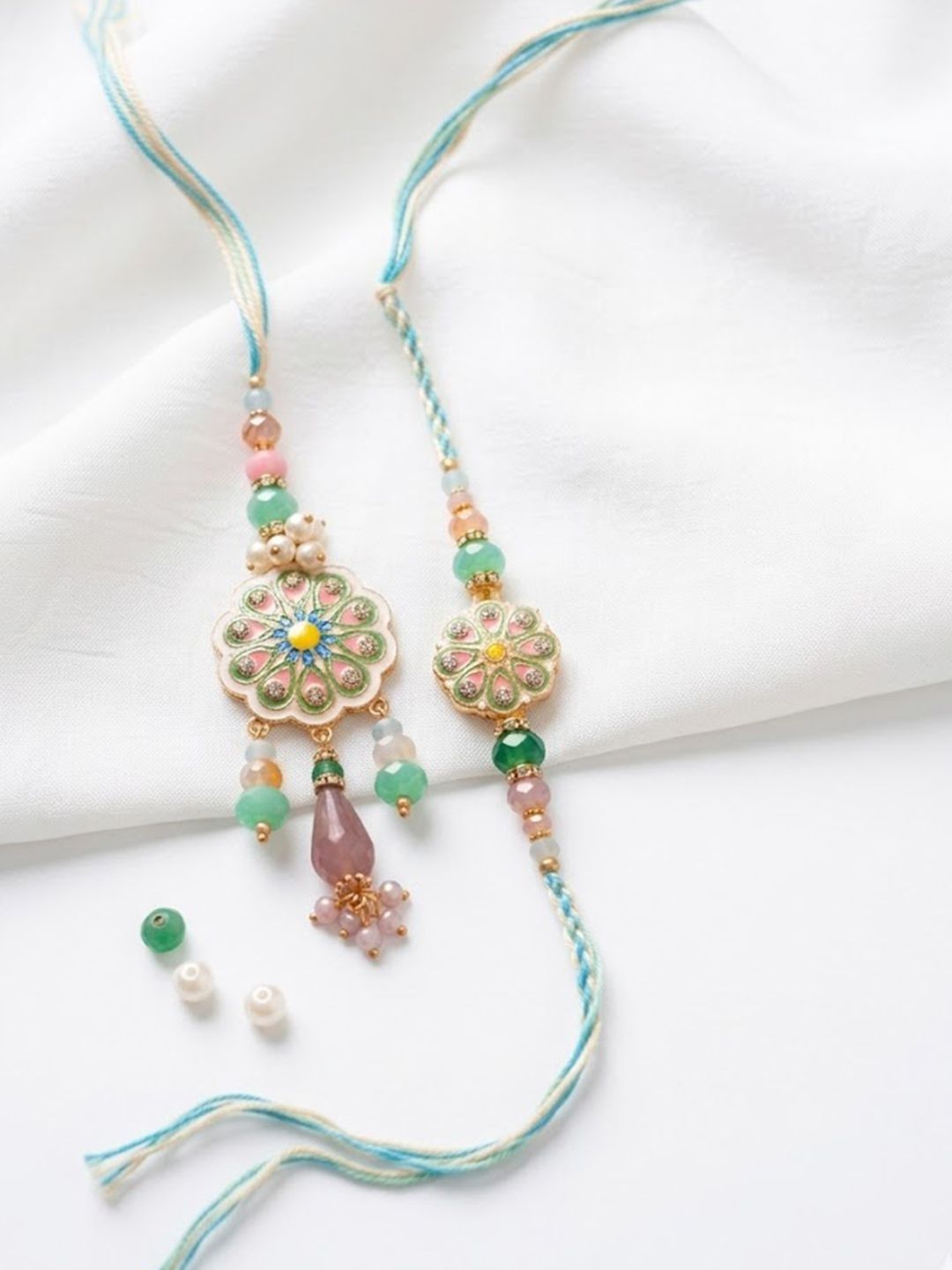 Anouk Set Of 2 Round Artificial Beads Traditional Bhaiya Bhabhi Rakhi With Roli Chawal