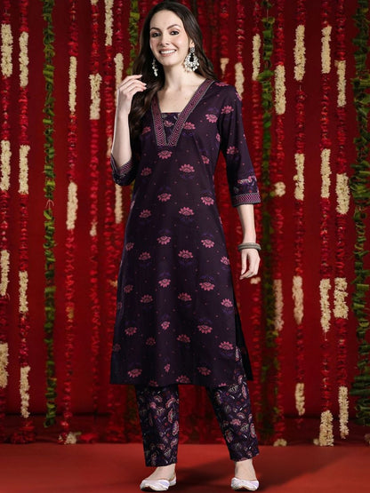 Women Floral Printed Regular Thread Work Pure Cotton Kurta with Trousers