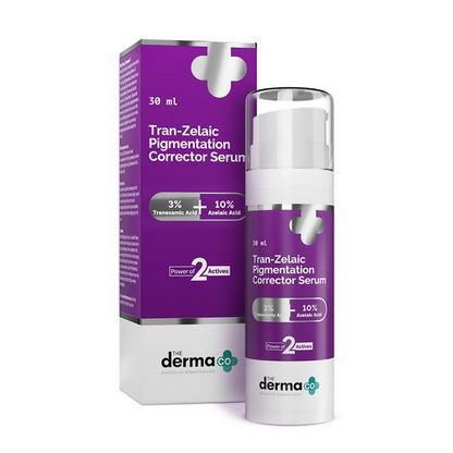 The Derma Co Tran-Zelaic Pigmentation Corrector Serum bottle with dropper, featuring a sleek white design and product label.