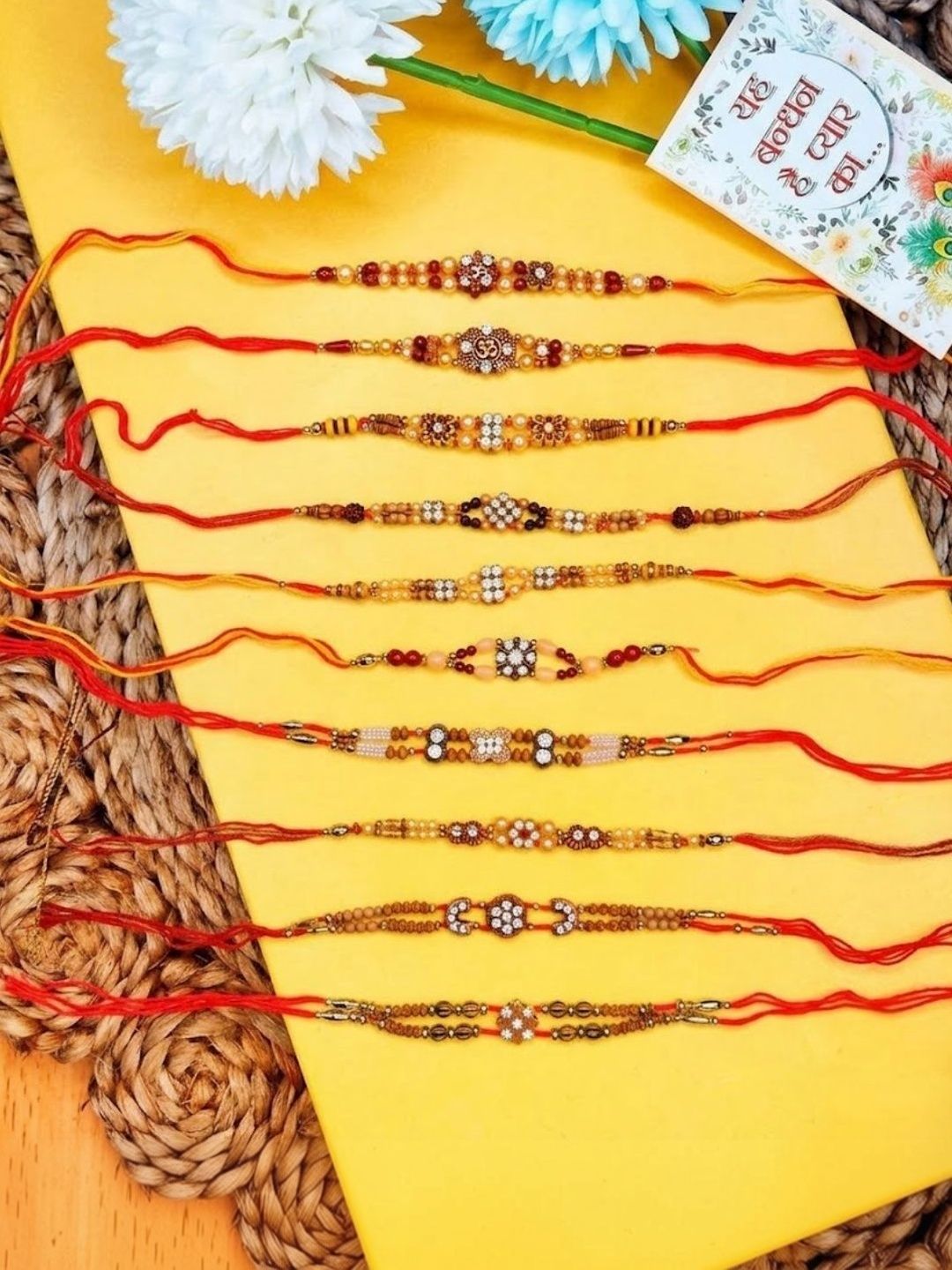 Anouk Set Of 10 Artificial Stones & Beads Thread Rakhi With Roli Chawal Chandan Mishri