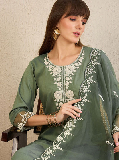 Indyancart IE Floral Embroidered Straight Kurta With Trousers & Dupatta