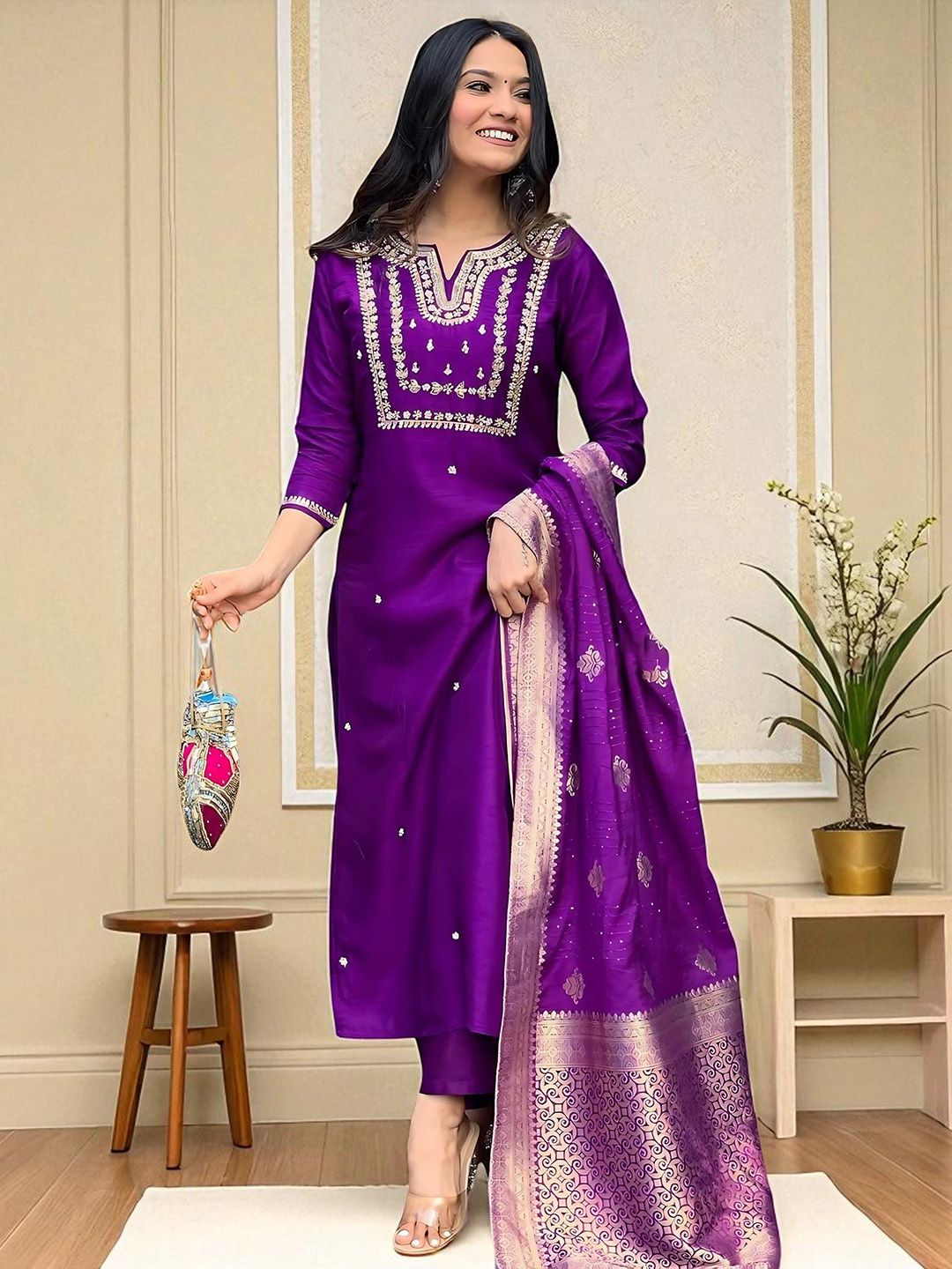 Indyancart SN Women's Floral Embroidered Cotton Kurta with Trousers & Dupatta